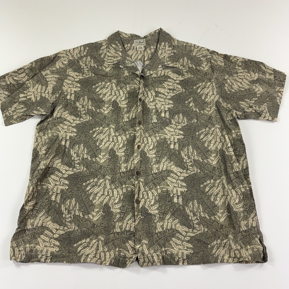 L.L. Bean Shirt Mens 2XL Green Leaf Tropical Hawaiian Short Sleeve Button Up